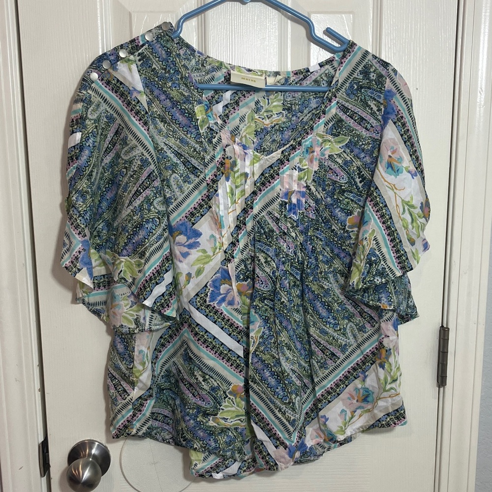 Maeve by Anthropologie Size 0 Green and Blue Floral Blouse. 01/2025/0010